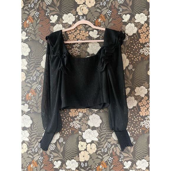 Hutch Women's Black Long Balloon Sleeves Reni Ruffles Metallic Top Size L - Picture 5 of 11